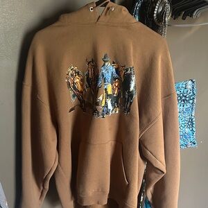 Brown Hoodie with Cowboy and Horses Graphic